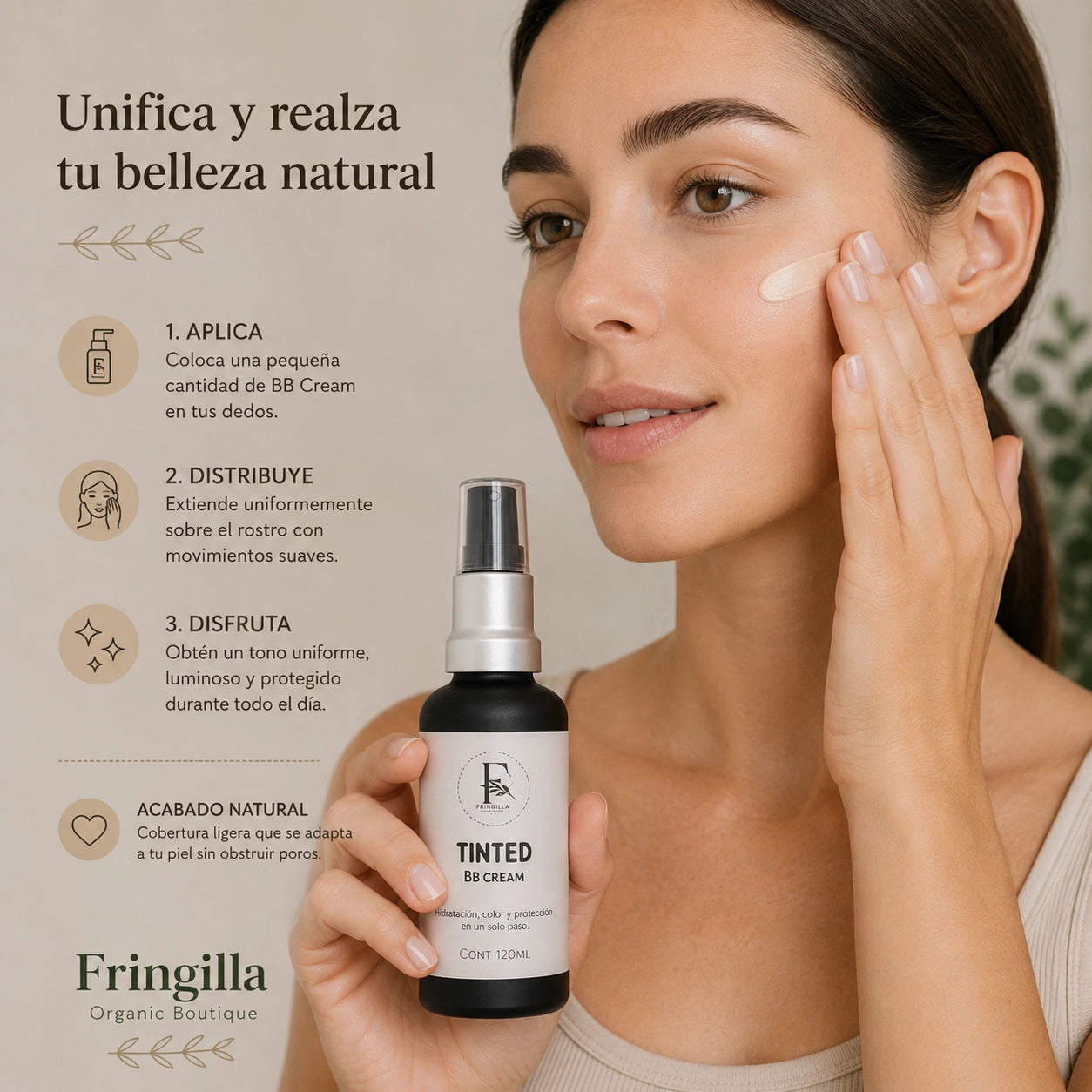 Mujer aplicando BB Cream sobre el rostro mientras sostiene el producto, mostrando una cobertura uniforme y un acabado luminoso natural
