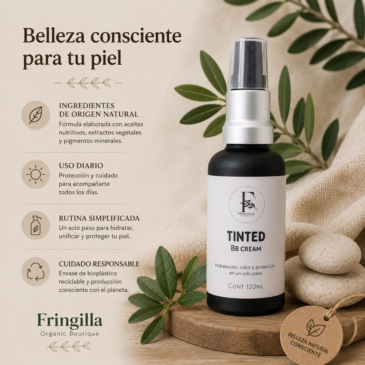 BB Cream Fringilla Organic Boutique con mensajes sobre ingredientes de origen natural, rutina simplificada, uso diario y cuidado responsable de la piel