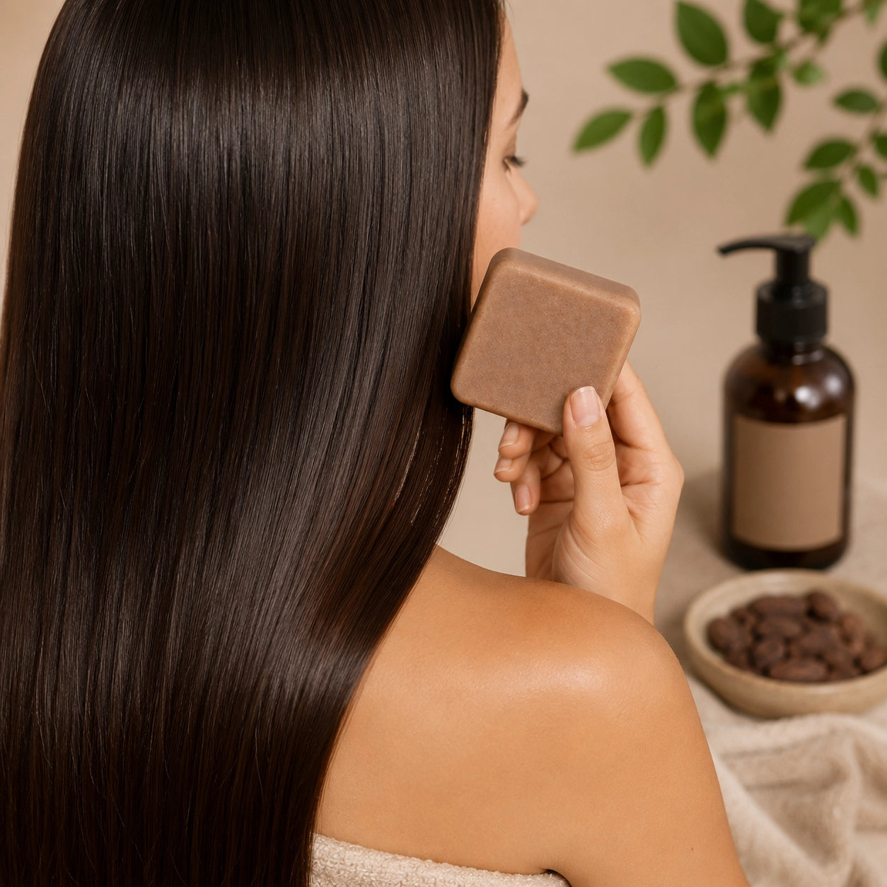 Acondicionador sólido de cacao ayudando a hidratar y suavizar el cabello naturalmente