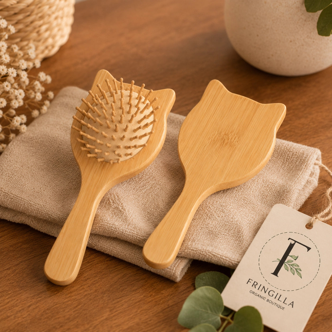 Cepillos de bambú infantil con diseño de gatito mostrando la textura natural del bambú y sus acabados