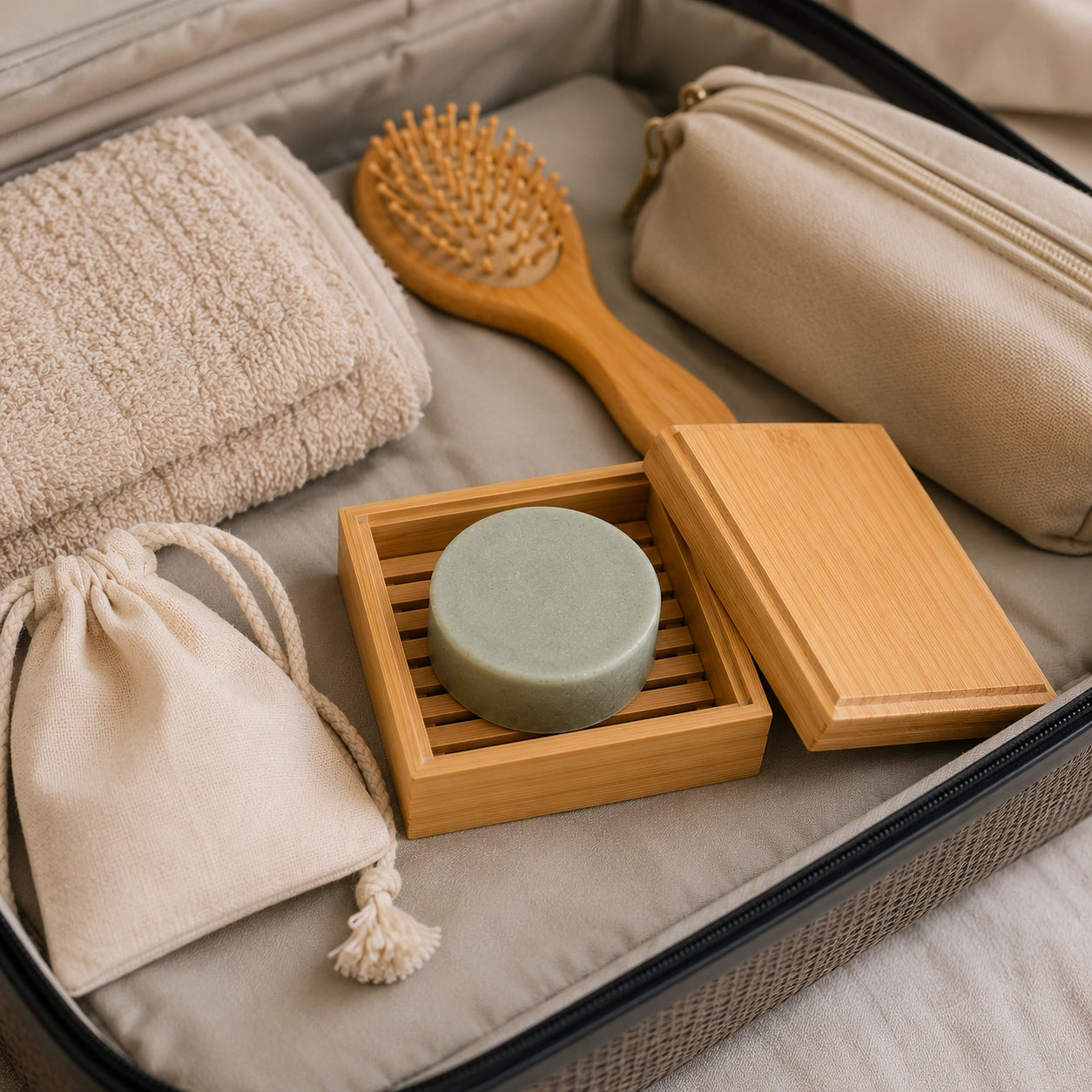 Jabonera de viaje con champú sólido dentro de una maleta junto a accesorios reutilizables para una rutina práctica y organizada