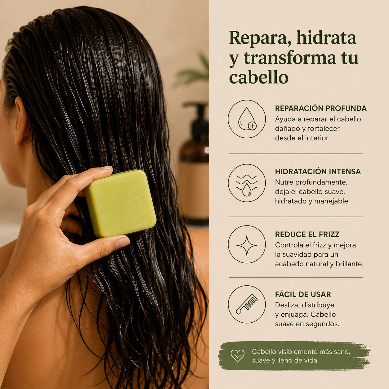 Acondicionador sólido de aguacate ayudando a reparar e hidratar el cabello naturalmente