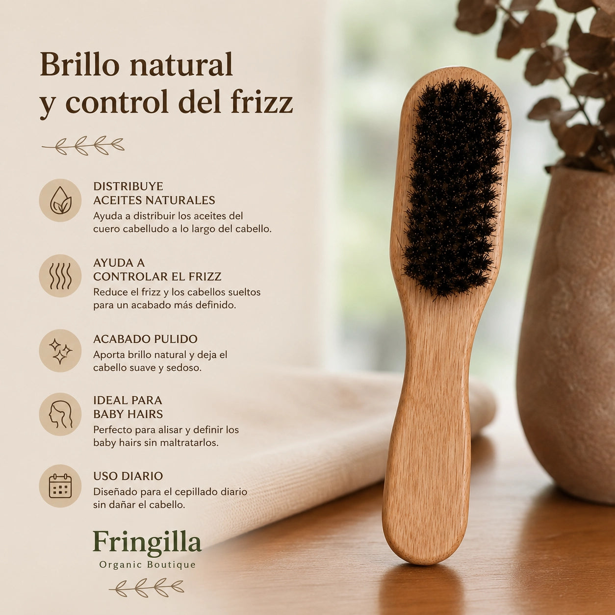 Cepillo de cerdas naturales destacando beneficios como distribución de aceites naturales, control del frizz y brillo para el cabello
