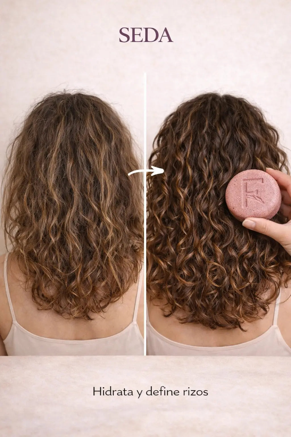 Comparativa visual de cabello rizado mostrando mayor definición, suavidad y control del frizz después del uso de Shampoo Sólido Seda