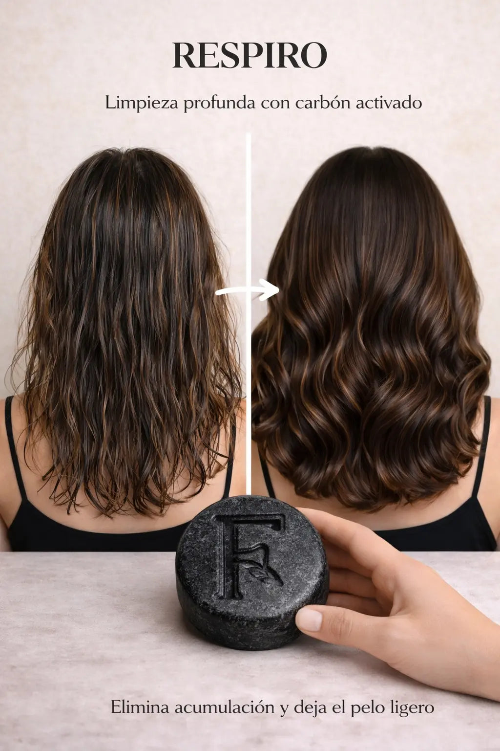 Comparativa visual del cabello antes y después del uso de Shampoo Sólido Respiro mostrando una apariencia más limpia, ligera y revitalizada