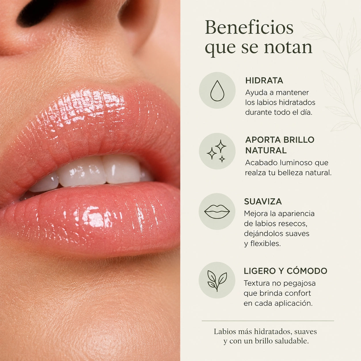 Lip Oil Natural Gloss ayudando a hidratar, suavizar y aportar brillo natural a los labios con acabado luminoso