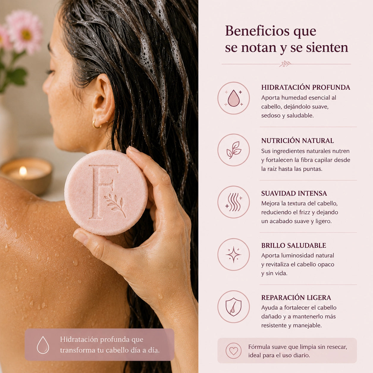 Shampoo sólido elixir ayudando a hidratar profundamente el cabello, aportar brillo y mejorar la suavidad capilar