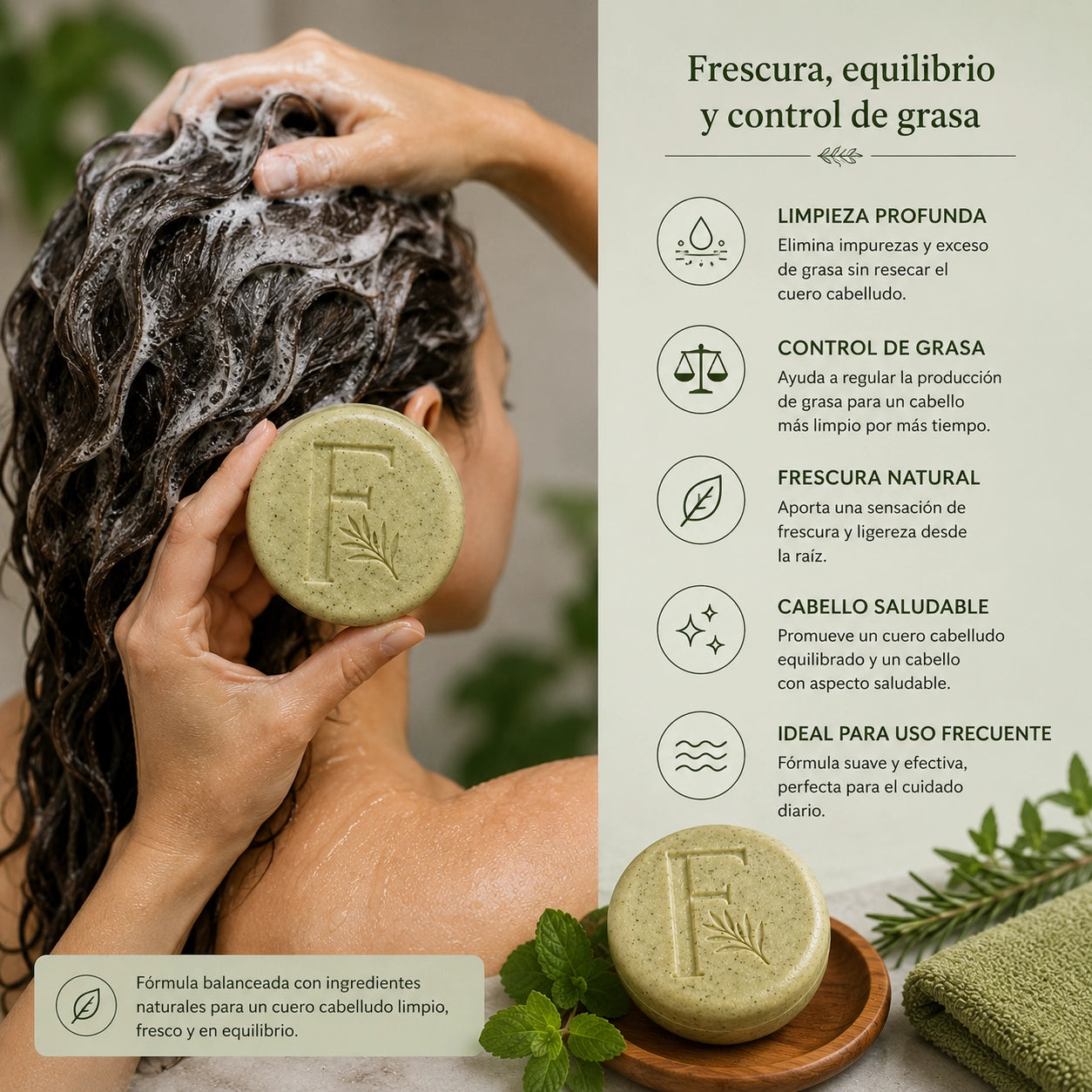 Champú sólido frescura ayudando a controlar la grasa y mantener el cuero cabelludo equilibrado