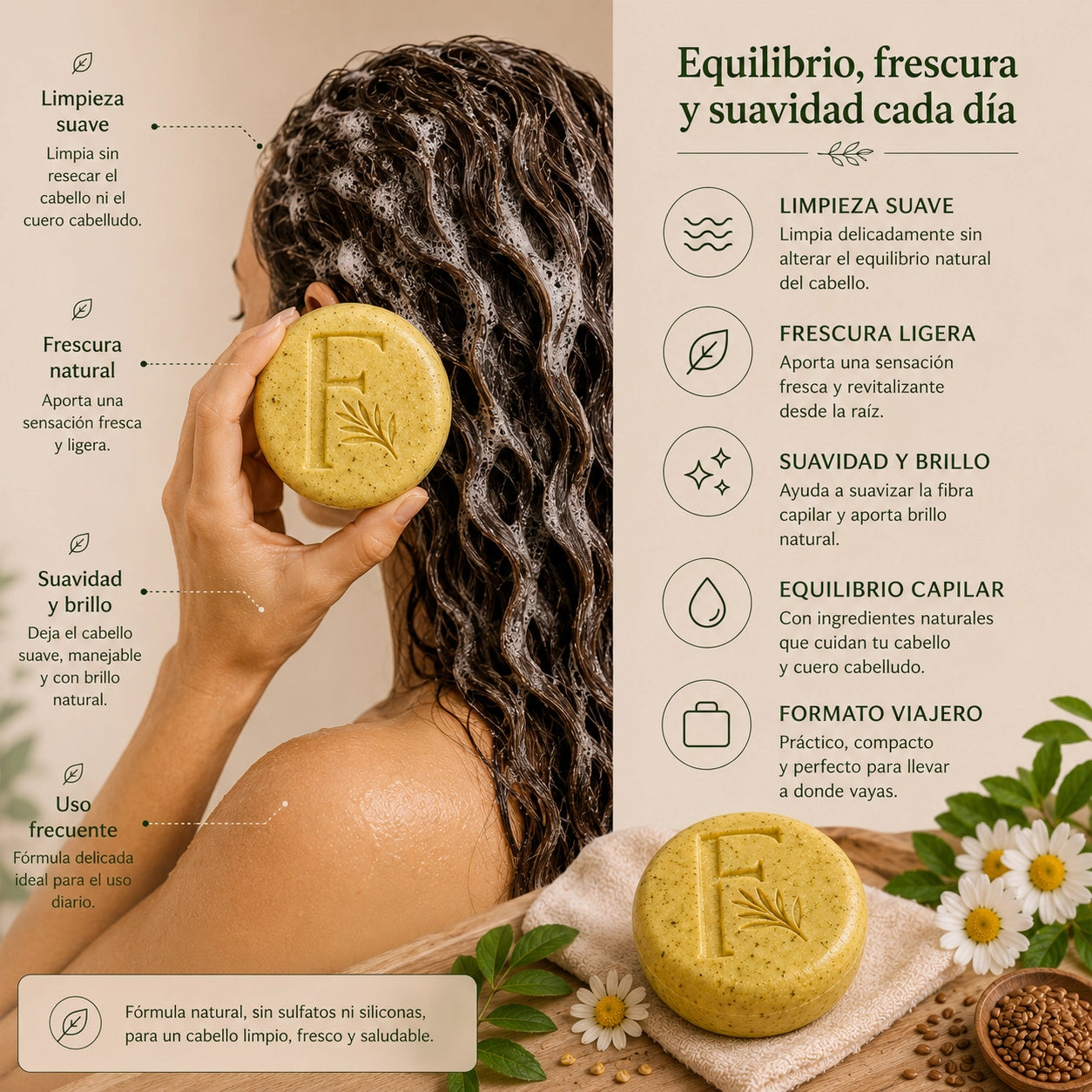 Champú sólido semilla fresca ayudando a limpiar suavemente y aportar frescura y brillo natural