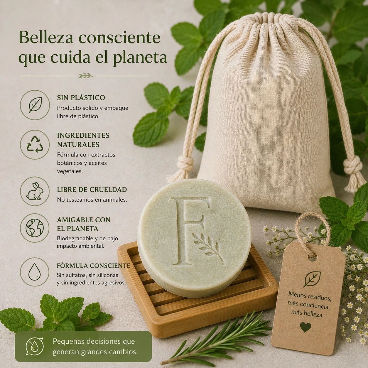 Shampoo sólido sustentable libre de plástico elaborado con ingredientes naturales biodegradables y empaque ecológico reutilizable