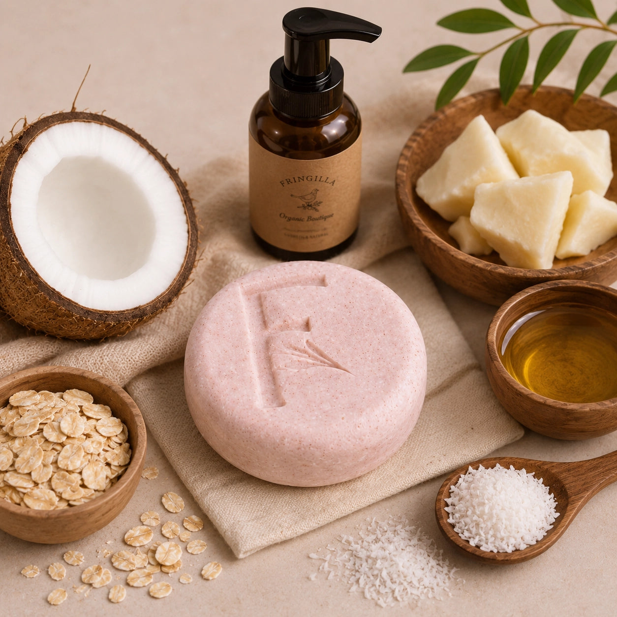 Ingredientes naturales del champú sólido para rizos con avena, coco y aceites hidratantes