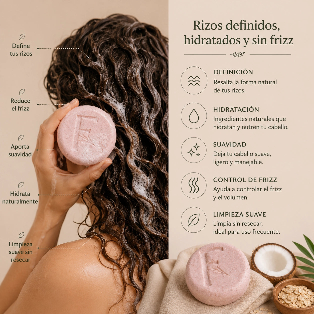 Champú sólido para rizos ayudando a definir, hidratar y controlar el frizz naturalmente