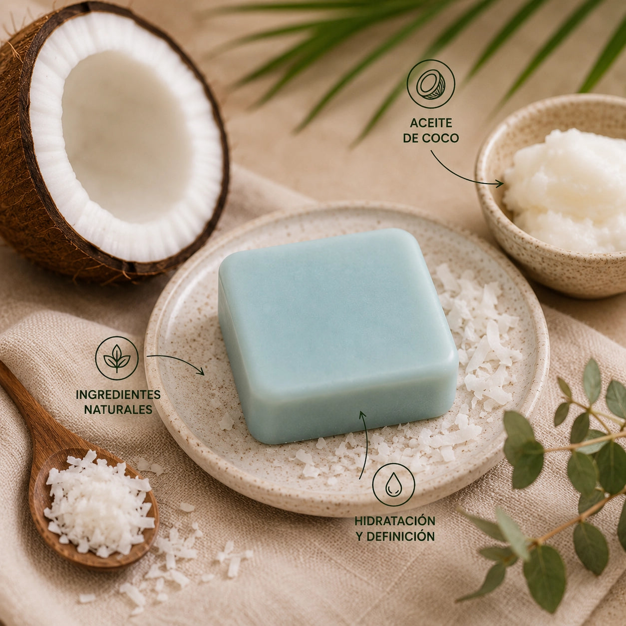 Ingredientes naturales del acondicionador sólido de coco con aceites y mantecas hidratantes