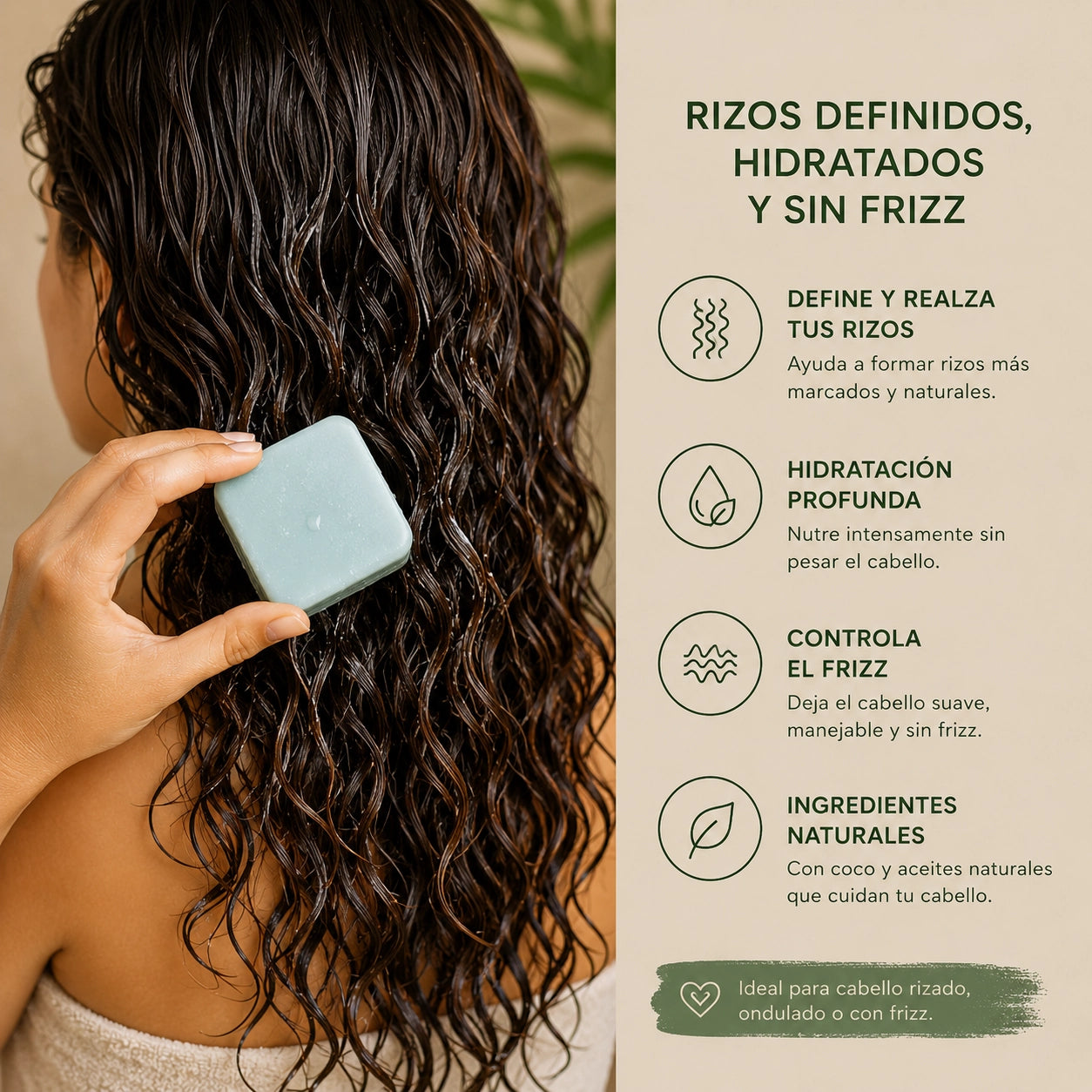 Acondicionador sólido de coco ayudando a definir rizos e hidratar el cabello naturalmente
