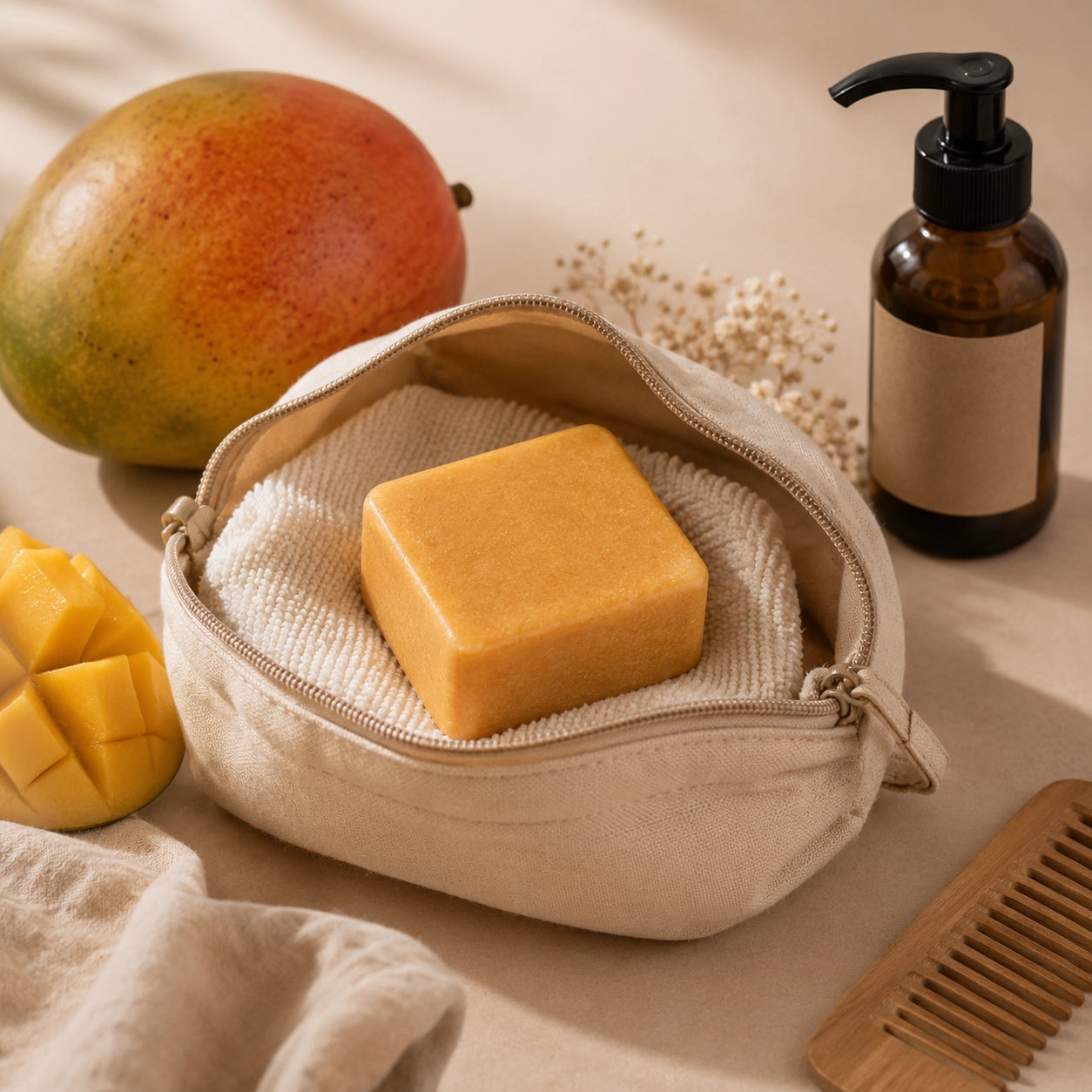 Acondicionador sólido de mango Fringilla en rutina de cuidado capilar natural y sustentable