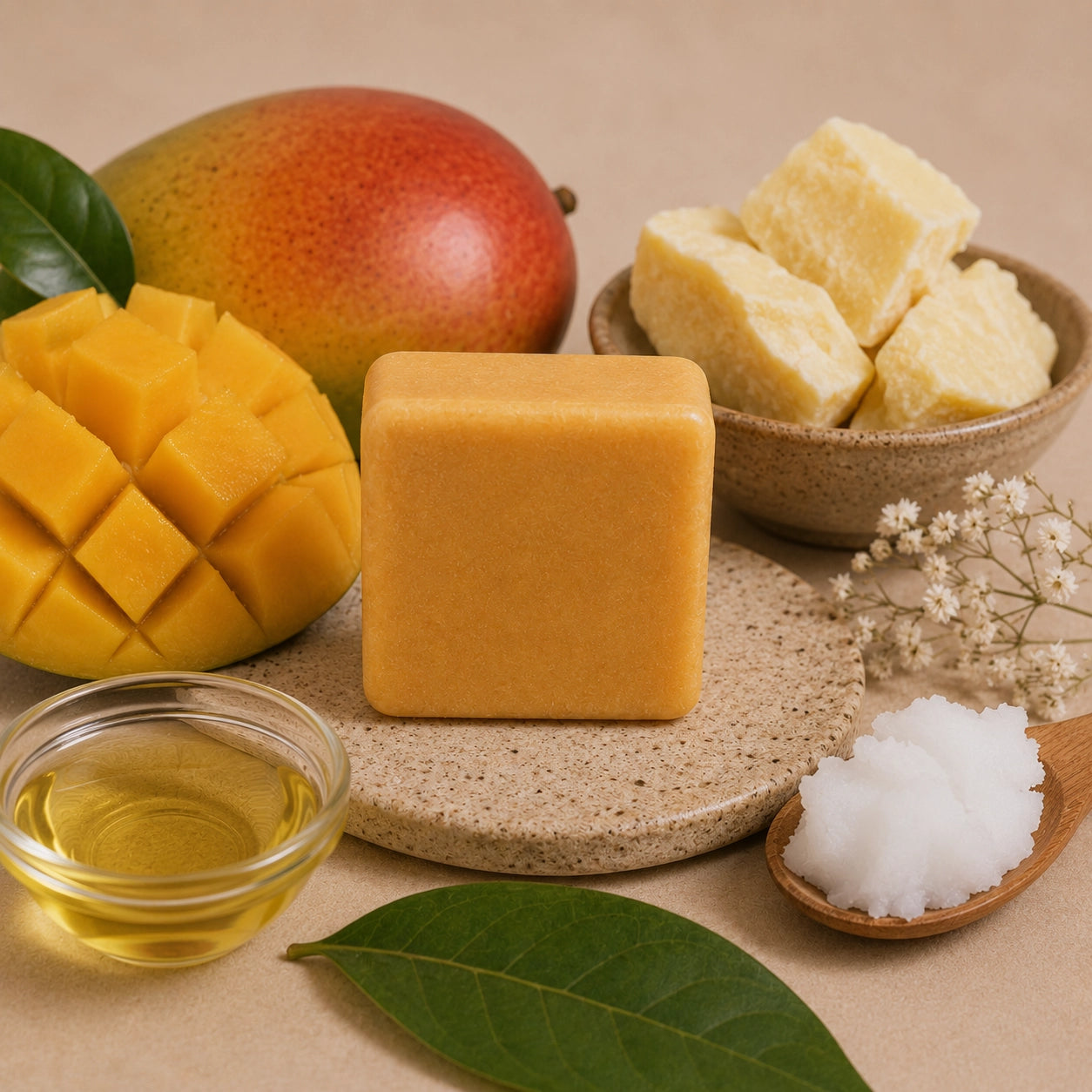 Ingredientes naturales del acondicionador sólido de mango con mantecas y aceites hidratantes