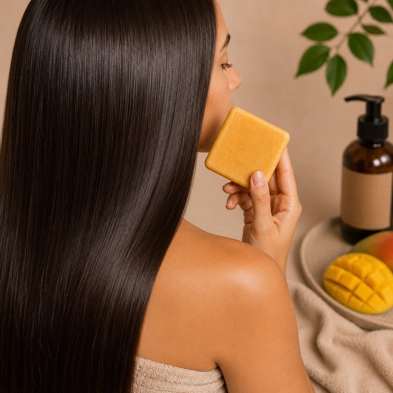 Acondicionador sólido de mango ayudando a hidratar y suavizar el cabello naturalmente
