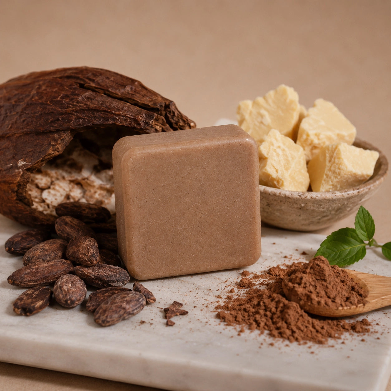 Ingredientes naturales del acondicionador sólido de cacao con mantecas y aceites nutritivos