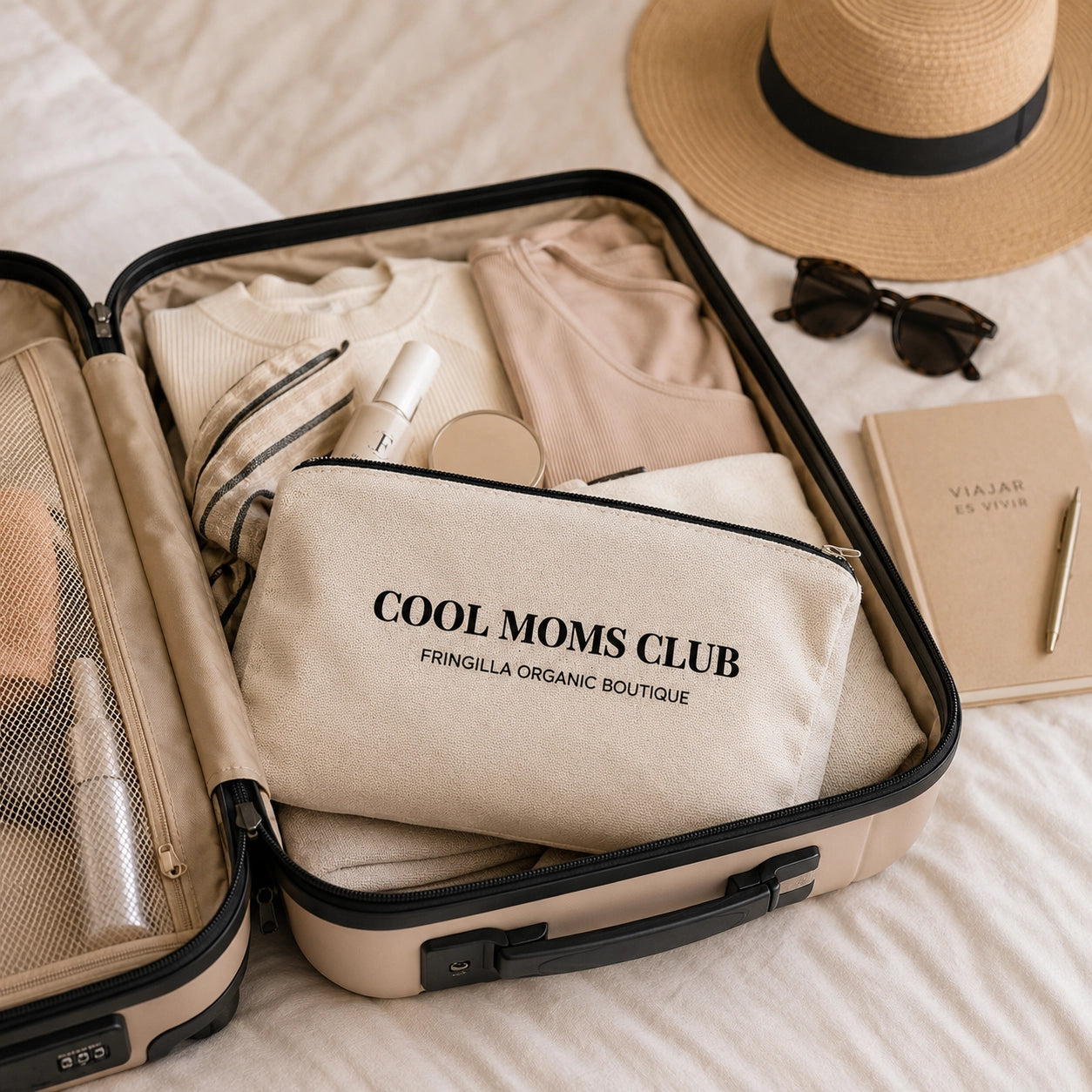 Cosmetiquera Cool Moms Club Fringilla dentro de maleta de viaje para transportar maquillaje y esenciales de belleza