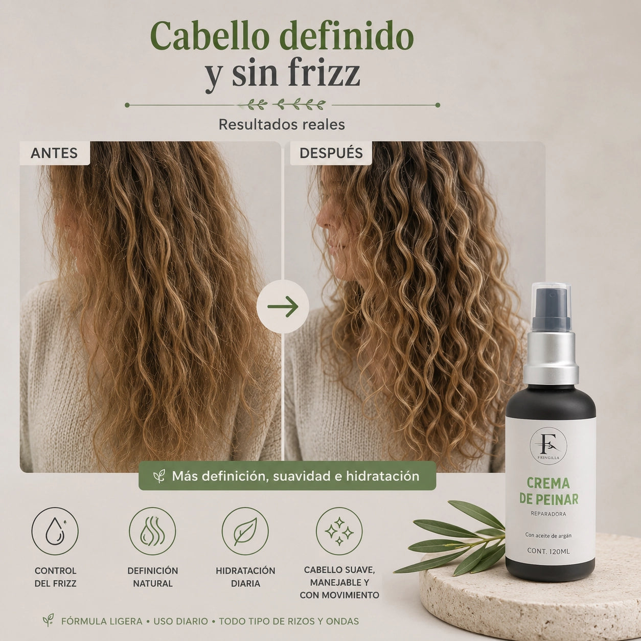 Comparativa visual de cabello antes y después del uso de la Crema de Peinar mostrando mayor definición, hidratación y control del frizz