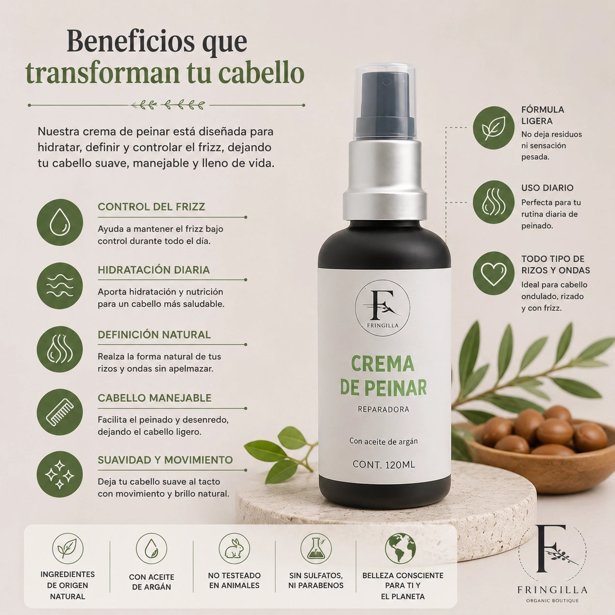 Crema de Peinar destacando beneficios de hidratación diaria, control del frizz, definición natural, suavidad y facilidad de peinado para cabello ondulado y rizado