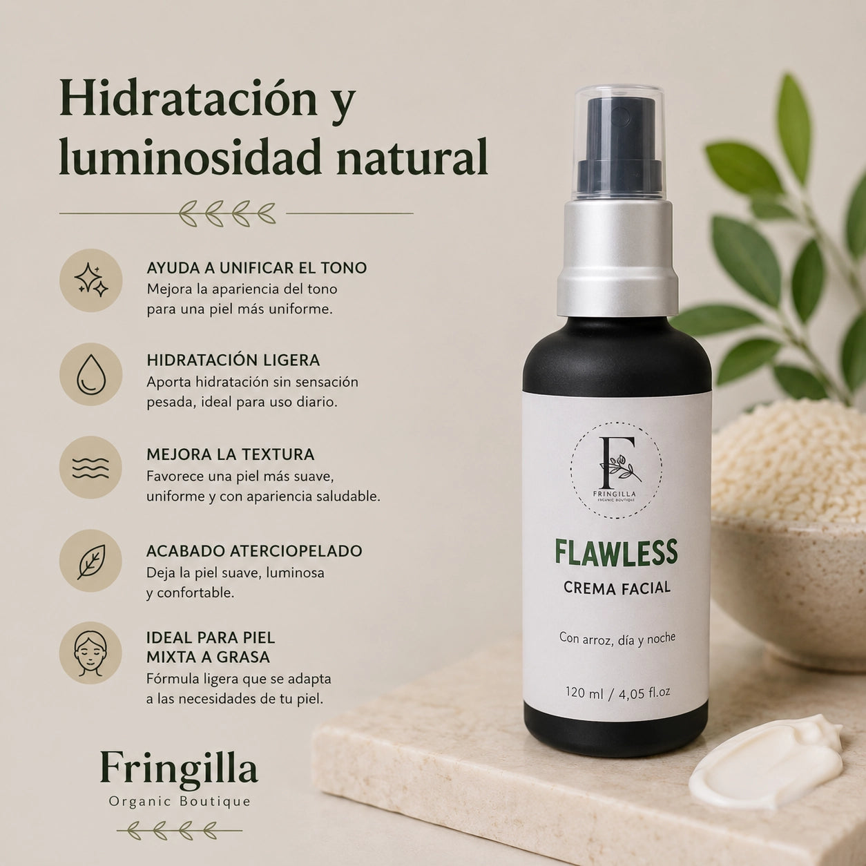 Crema Facial Flawless destacando beneficios de hidratación ligera, luminosidad natural, mejora de la textura y ayuda para unificar el tono de la piel