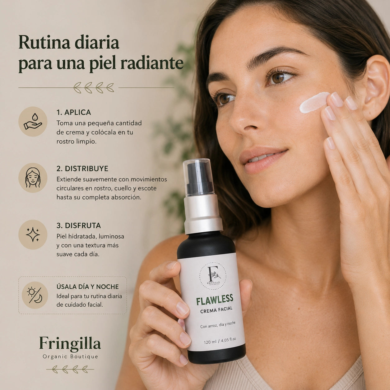 Mujer aplicando Crema Facial Flawless sobre el rostro durante su rutina diaria de cuidado facial para una piel más luminosa y suave