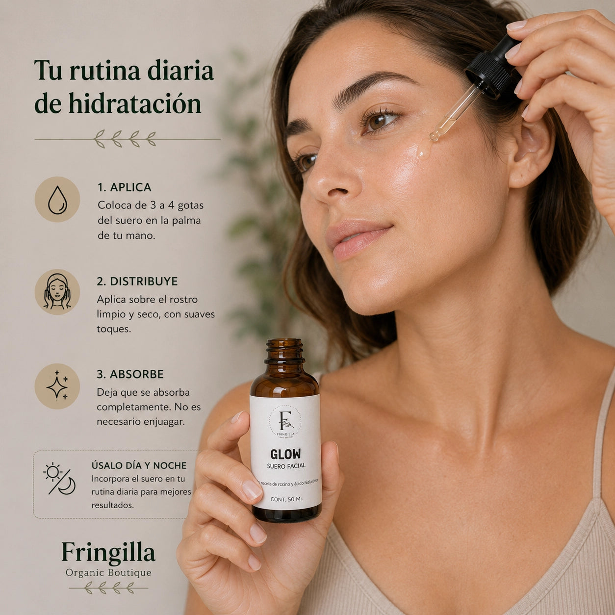 Mujer aplicando Suero Facial Glow con gotero sobre el rostro durante su rutina diaria para una piel hidratada, luminosa y saludable