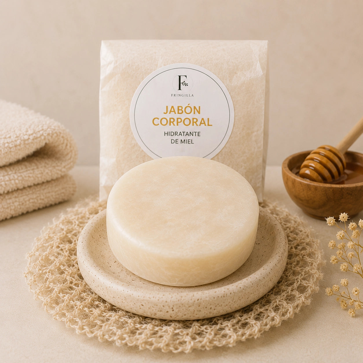 Jabón Corporal Hidratante Miel acompañado de elementos inspirados en sus ingredientes naturales, resaltando una fórmula suave diseñada para hidratar y cuidar la piel diariamente