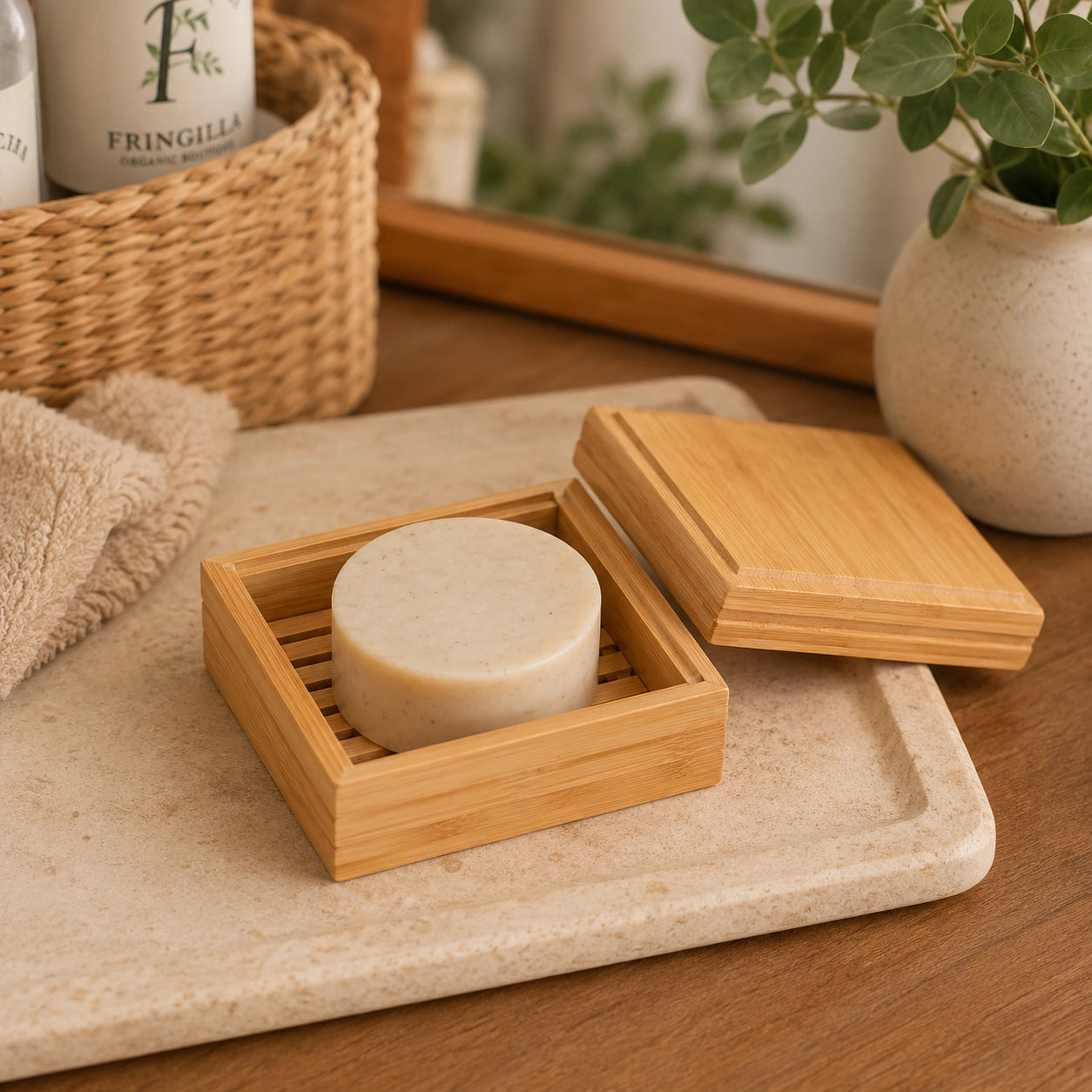 Jabonera de viaje de bambú en baño de estilo natural con champú sólido y accesorios de cuidado personal