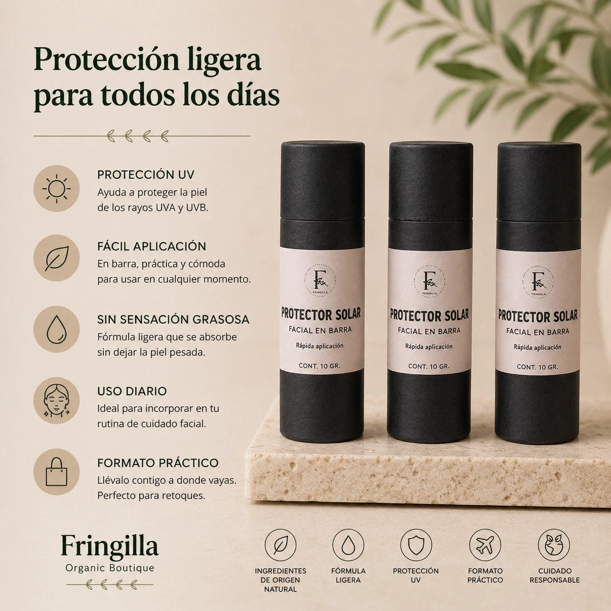 Protector Solar Facial en barra destacando beneficios de protección UV, fácil aplicación, fórmula ligera, uso diario y formato práctico para llevar